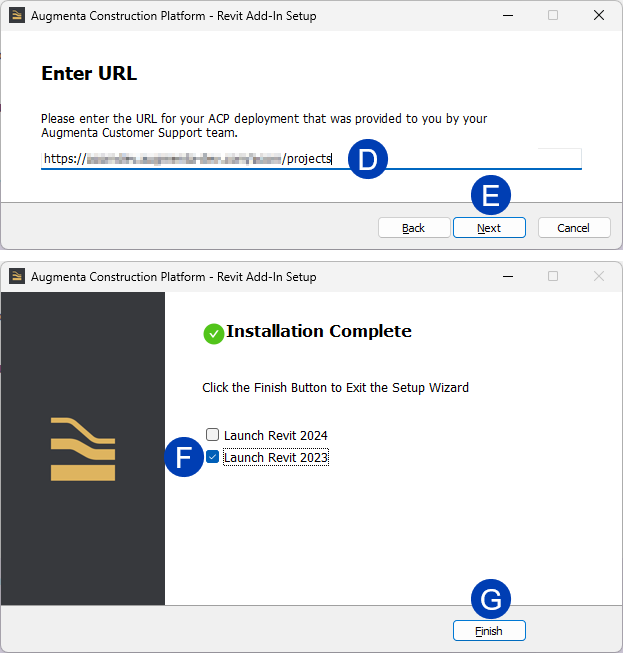 Setup wizard for Augmenta Construction Platform with URL entry and installation completion options.